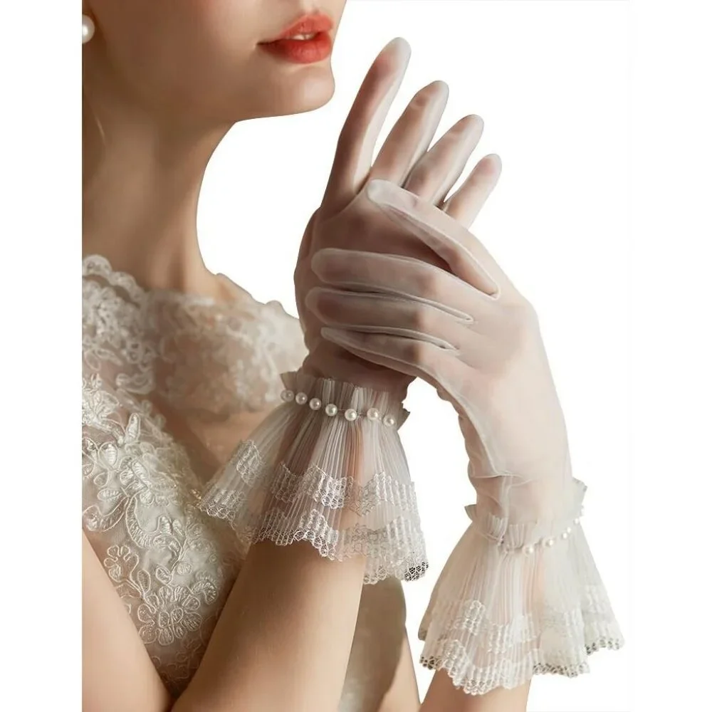 Women's Lvory-3 Short Pearls Lace Border Mesh Gloves Wedding Formal Party Prom